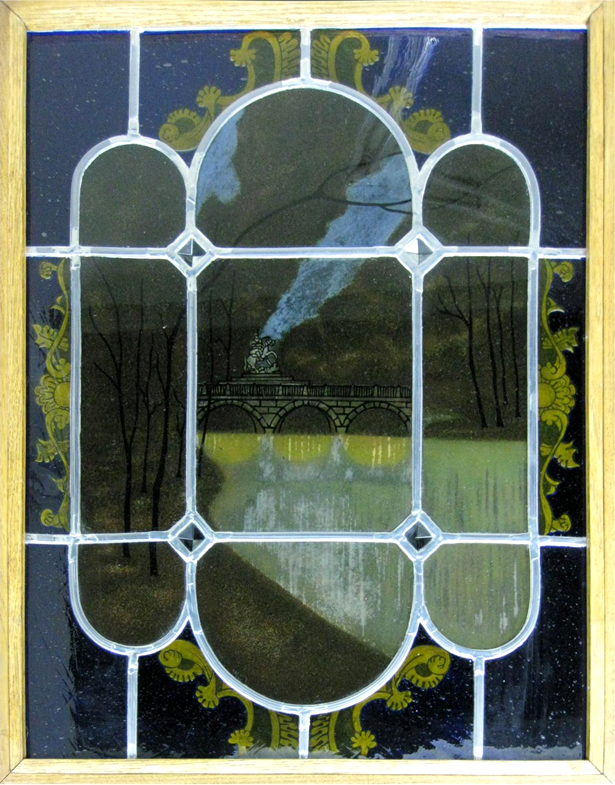 호수 위 다리를 묘사한 유리 그림 Glass picture depicting a bridge over the lake