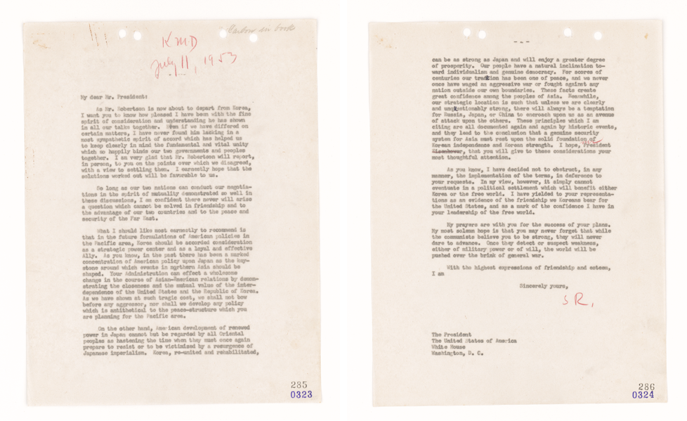 이승만 대통령이 아이젠하워 대통령에게 보낸 로버트슨 차관보의 이한(離韓)과 미국의 아시아 정책에서 한미동맹의 중요성을 강조한 서한