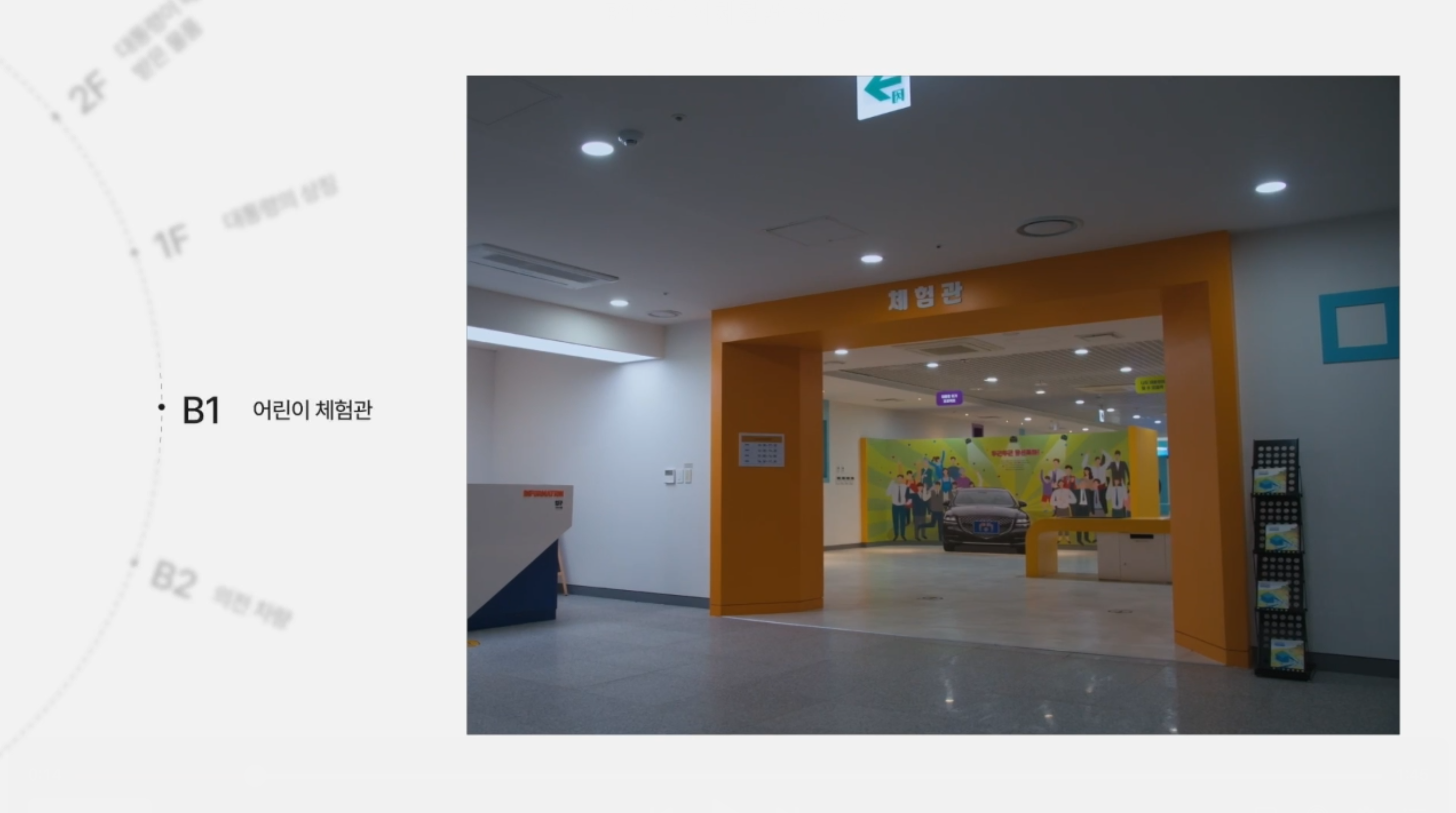 [B1 어린이체험관]<br>
어린이들이 다양한 체험과 놀이를 하며 대통령이 되어보는 공간입니다. 선거포스터와 취임 우표 만들기, 대통령 당선 축하를 받고, 대통령 전용기를 탑승하는 체험을 하며 상상력을 키워보는 시간을 가질 수 있습니다.<br>
이곳은 직접 선거포스터를 만들어 보는 공간입니다. 내 모습이 들어간 포스터를 만들어보면서 대통령 선거부터 직접 체험해볼 수 있습니다.<br> 
이곳은 대통령 취임 우표를 만들어볼 수 있는 공간입니다. 이전에 소개한 대통령기록전시관에서는 대통령 기념 우표도 전시하고 있습니다. 전시를 관람한 후 이곳에서 나만의 취임우표를 만들다 보면 보다 의미있는 체험이 될 것입니다.<br>
이곳은 대통령 전용기 내부를 재현한 공간입니다. 대통령 전용기는 대통령이 외교를 위해 다른 나라에 방문할 때 사용하고, 대통령과 관계자들이 함께 탑승하게 됩니다. 대통령 전용기는 단순한 비행기가 아니라 하늘 위의 집무실이라고 보아야 합니다. 대통령 전용기를 재현한 공간에서 사진도 찍고 대통령이 되어보는 체험도 할 수 있습니다.